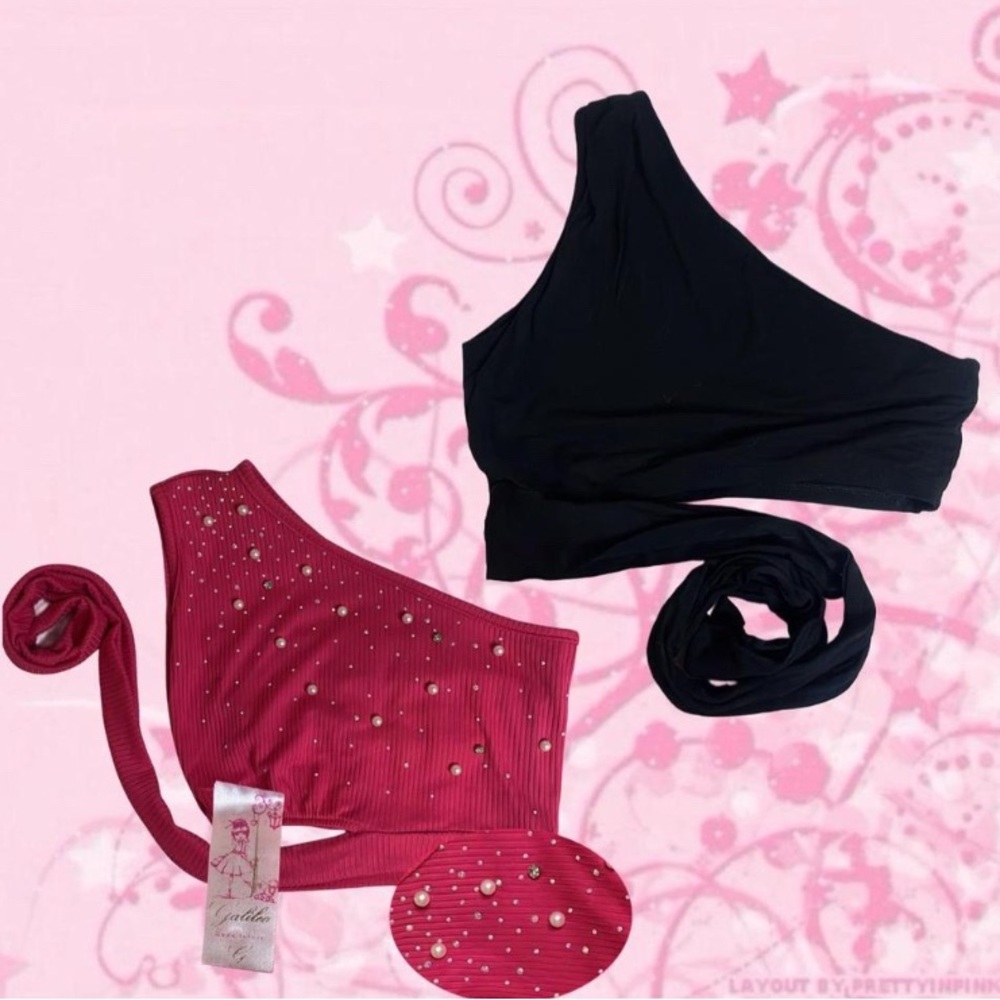 Black and Red One-Shoulder Tops with Rhinestones